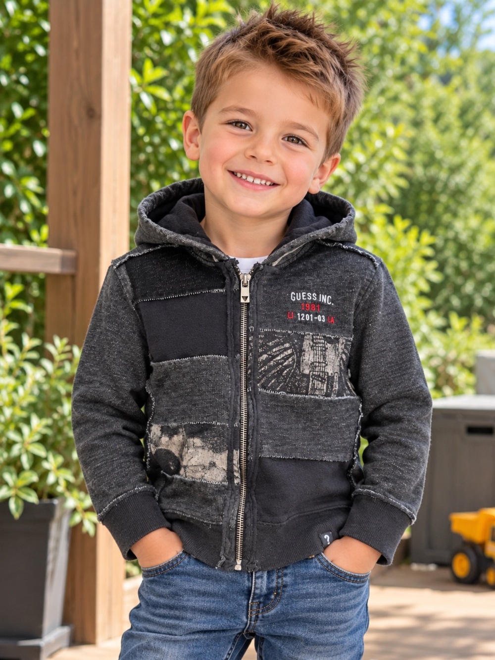 Guess Kids Charcoal Grey/black Patchwork Zip Hoodie | Size 3T